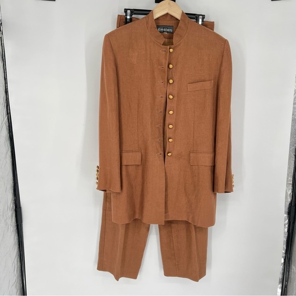 Vintage Linen Brown Gold Hardware Emblem Suit Blazer and Slacks - Picture 2 of 16